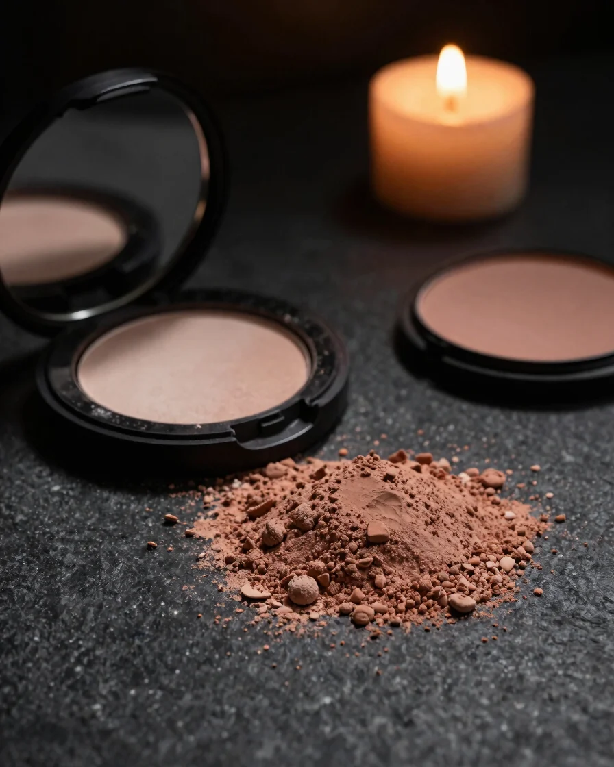 Macro editorial still life of pressed cosmetic powder and a weighted dark compact on obsidian surface, low-key studio li