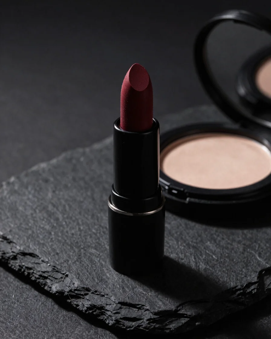 Editorial close-up of a dark velvet-textured lipstick and a matte
